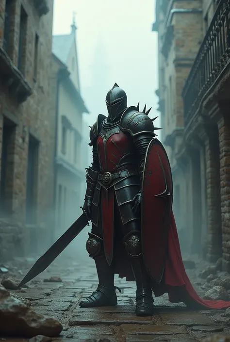 imagen realista,  warrior with medieval red and black armor ,  the man on the left has spikes ,  he wields a huge sword with both hands , He wears a large shield on his back ,  the knight is in an offensive attitude while the battlefield is an alley in a m...