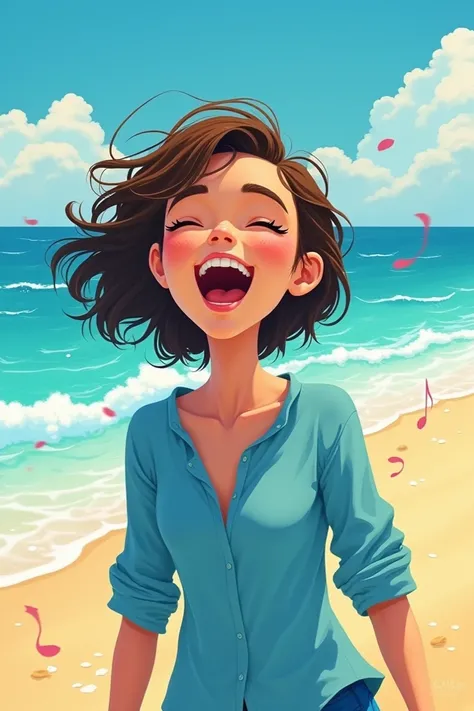 A girl is singing on the beach.Her hair is slightly short.She wears a sky-blue long sleeve shirt.Her dimples are so beautiful.This photo is like cartoon.That girl is so happy.Please change that girl with other like that.