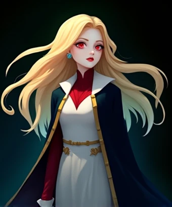 alba,  the vampire servant of her castle ,  is a fascinating figure that arouses both curiosity and admiration .  Her golden hair shines under the ambient light ,  as if each thread were made of rays of the sun ,  contrasting with the dark aura that surrou...