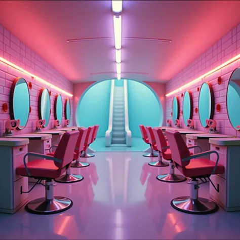 liminal space,  , Water slides, poolrooms , backrooms, pools, HAIR SALON, HAIR SALON 50s style, 50s style,  pastel colors ,  pastel pink , pastel blue ,  pink and pastel blue tile walls, HAIR SALON chairs, purple and red neon light, heavy vhs filter, blurr...