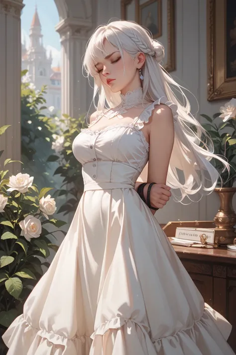 , the girl stands in front of the viewer with her eyes closed and in a restrained pose, putting her hands behind her back , She has white hair,  white blouse and dark long skirt 