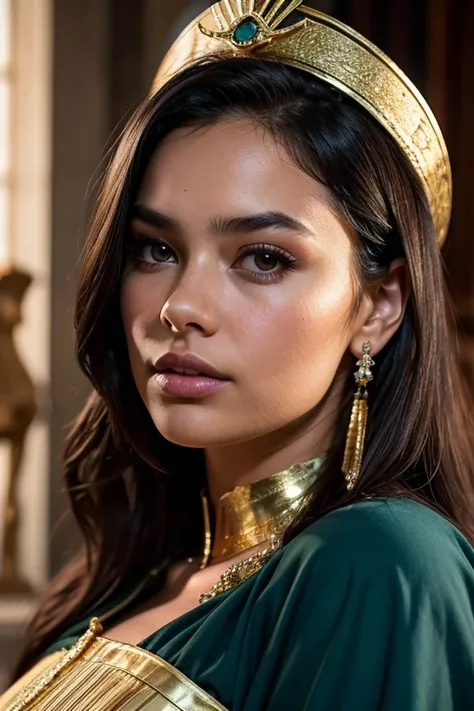  Cinematic portrait of a 19-year-old girl ,  daughter of actors Courtney Eaton and Rami Malek ,  dressed as an Egyptian princess from the 1530s . She has the facial features of both ,  but inherited Courtneys dark eyes in the shape of Courtneys eye ,  Cour...