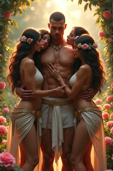 One Handsome short-haired tall huge beefy muscular Chad in center-of-composition hugging five beautiful bitches tackling him and touching him and feeling him and snuggling him,  dressed like Greek gods togas, perfect bodies with nice asses, women: very lon...