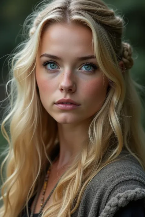 20 yo woman, She has long, honey-blonde hair that reaches midway down her back. Her features are soft and delicate, with a small, upturned nose and wide, expressive saphire blue eyes. Her skin is fair and smooth. viking attire