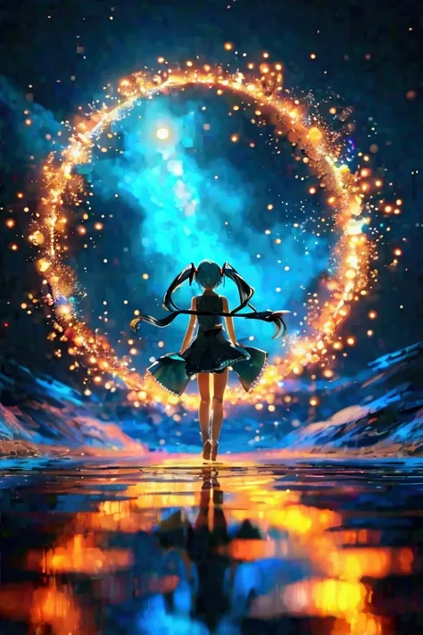 無数の光の粒がIn the center集まって Hatsune Miku を構築していく様子、 Hatsune Miku 、In the center（tell　YOUR　WORLD）The letters 　It floats in the background as if drawing a circle（ Pale Light）、 The background is a shining universe 、The floor is reflected in shallow water 、16k、 s...