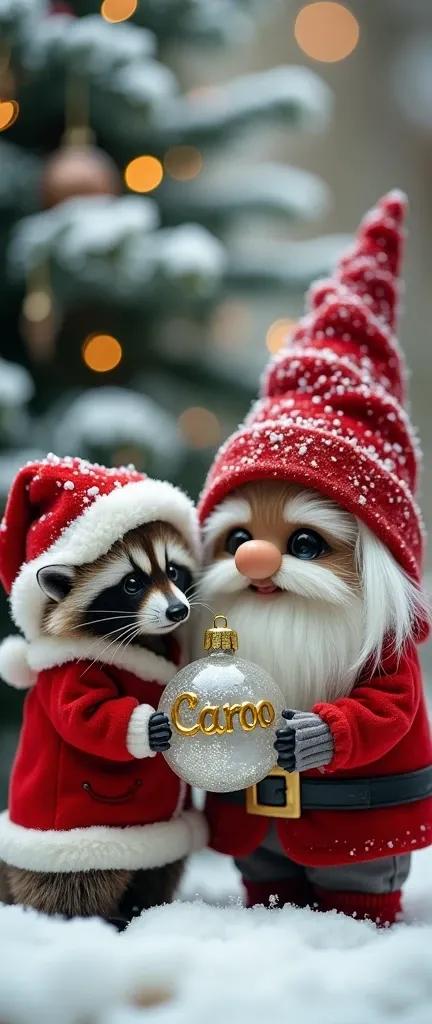 A photo of a cute, extra fluffy baby realistic raccoon dressed as Santa and a gnome tenderly holding a large, intricately crafted glass Christmas ornament with the name "caroo" written in elegant yellow color flowing script. The gnome is dressed in a cozy ...