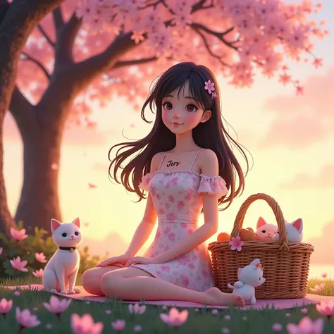 A 3d anime woman, black hair color, holding a picnic basket, with a floral dress, sitting under the cherry blossom tree, theres a sunset, with a cat and birds, had a name on her dress "Jers" with a font