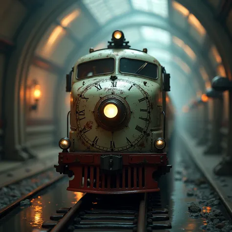 A time train that shuttles between fantasy and reality, with mysterious time stamps engraved on its body. The surface of the train is covered with delicate metallic texture, reflecting the surrounding light and shadow. In the background, blurred light and ...