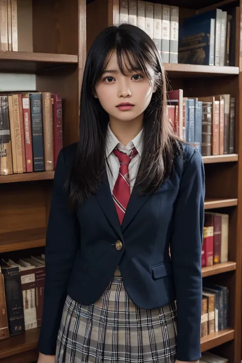  best quality, ultra high resolution with forest background,1 person,whole body,  black hair , blissful,, beautiful and elaborate face,Beautiful Skin, skin texture, College Student ,Long sleeve uniform, wearing a blazer over a uniform,  ties, smaller breas...