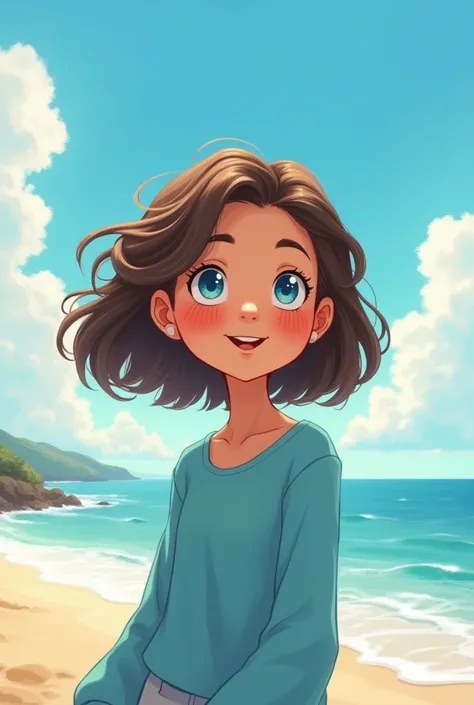 A girl is singing on the beach.Her hair is slightly short.She wears a sky-blue long sleeve shirt.Her dimples are so beautiful.This photo is like cartoon.Please change this girl with other like this.She faces her right.