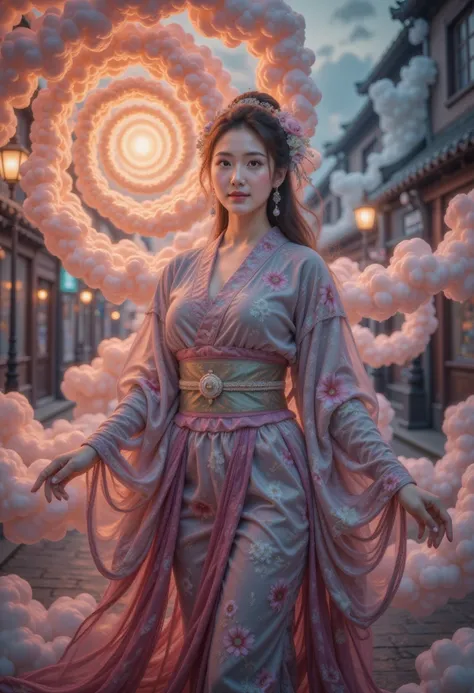 one lady， twilight ，Spiral Cloud，back，(Hyper-Reality:1.4)， sci-fi，Colored smoke，GGGJAAA  ,((high quality、8K、masterpiece:1.3))、Selfie、 beautiful woman with perfect body:1.4、(Brown long hair、Normal chest:1.3)、(Japanese floral yukata)、 highly detailed facial ...