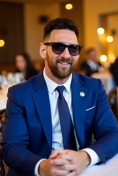 m3cr7, m3ssi wearing blue suit and square sunglasses, sitting in restaurant, golden hour. 