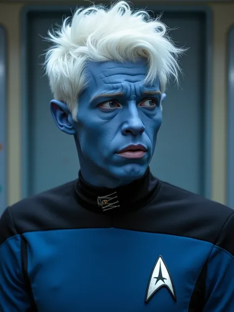 A young male Androrian from Star Trek, blue skin, white hair, messy hair, wearing a science division uniform. He looks sick, like he hasnt slept in days