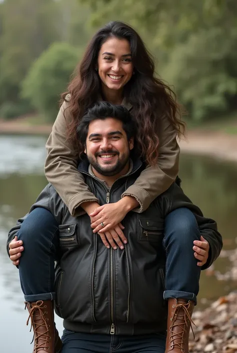 an overweight man on a tall slim smiling beautiful sexy Armenian brunette womans shoulders near a river side , shoulder ride, carrying person, man on top half of image, woman on bottom half of image, she is wearing brown black leather, natural smile 