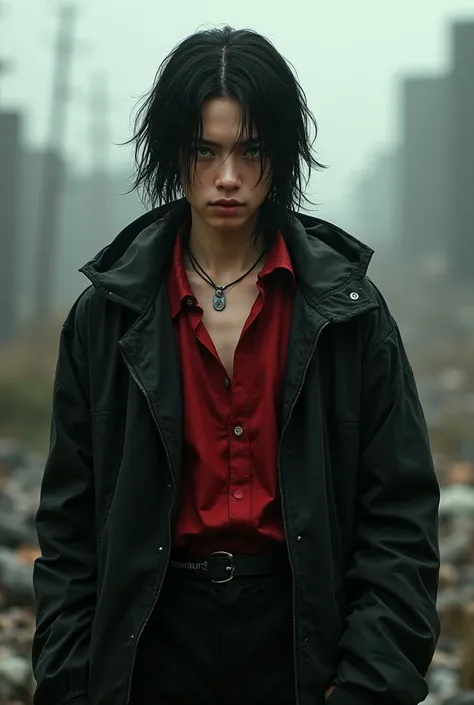  A Korean teenage man in an apocalyptic setting,  wearing a black jacket and red blouse ,  long black hair, a serious look, had naturally green eyes ,  he is a very handsome boy .