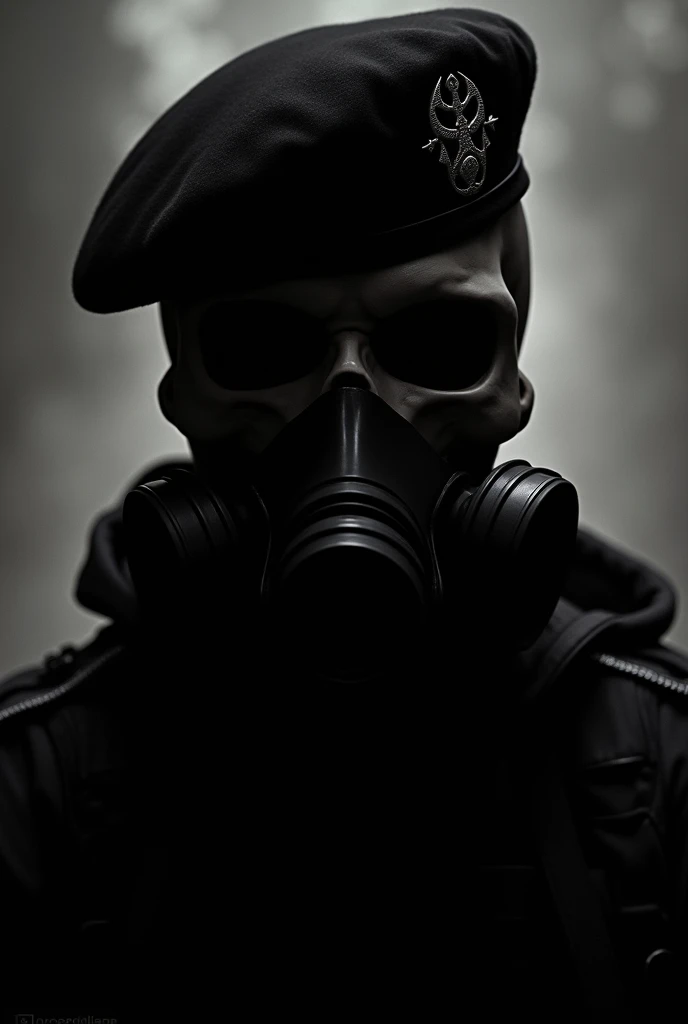 Silhouette of Calabera head with chemical gas mask military beret special forces 