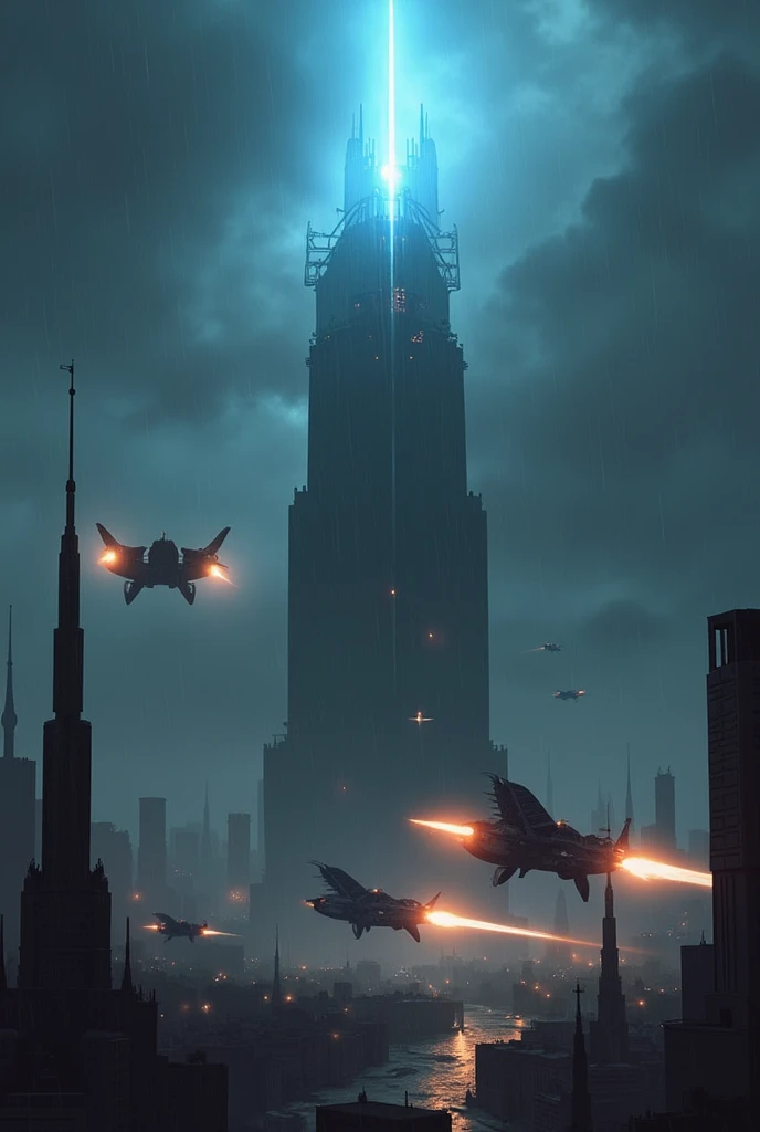 art conceptual  |  A dark and rainy night that falls on a futuristic and dystopian city, a squad of attack ships shooting at an armored tower with a blue light pointing skyward