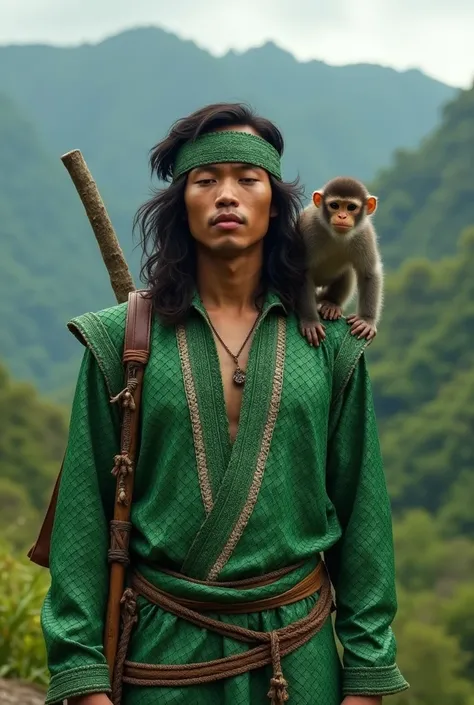 Indonesian man, 20 years old, has long, slightly curly hair that reaches his shoulders,Wearing a green warriors outfit made of snake scales,Carrying a stick made from a wooden branch,Typical Indonesian mountain background Very realistic, finest details, ve...