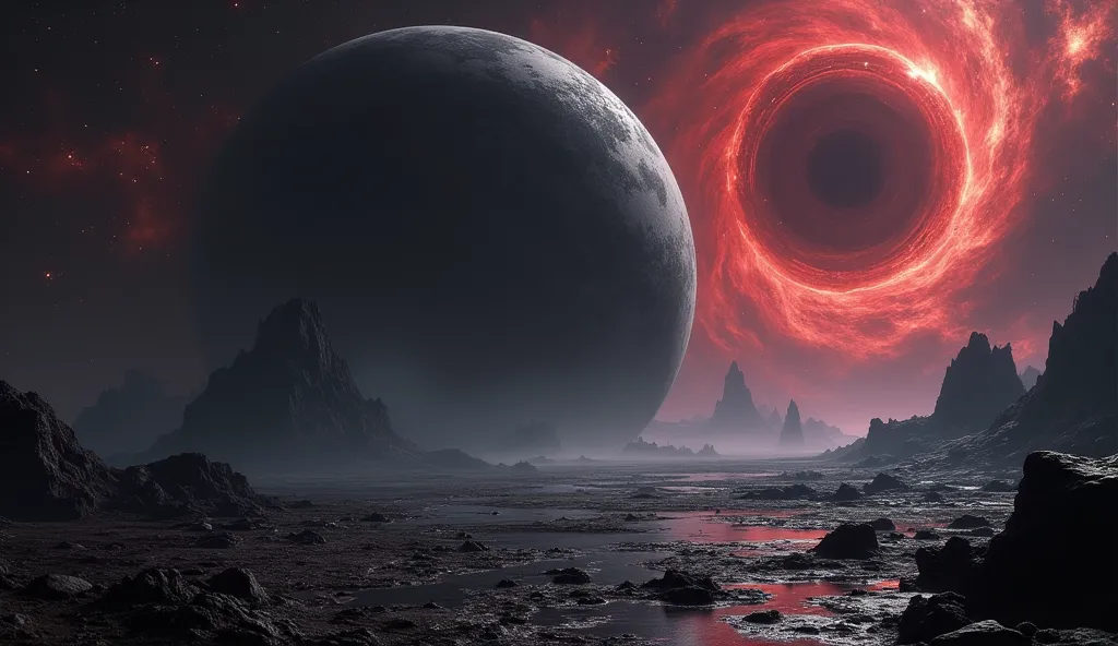 one giant dark planet in the galaxy, with strange red stars, with blackhole