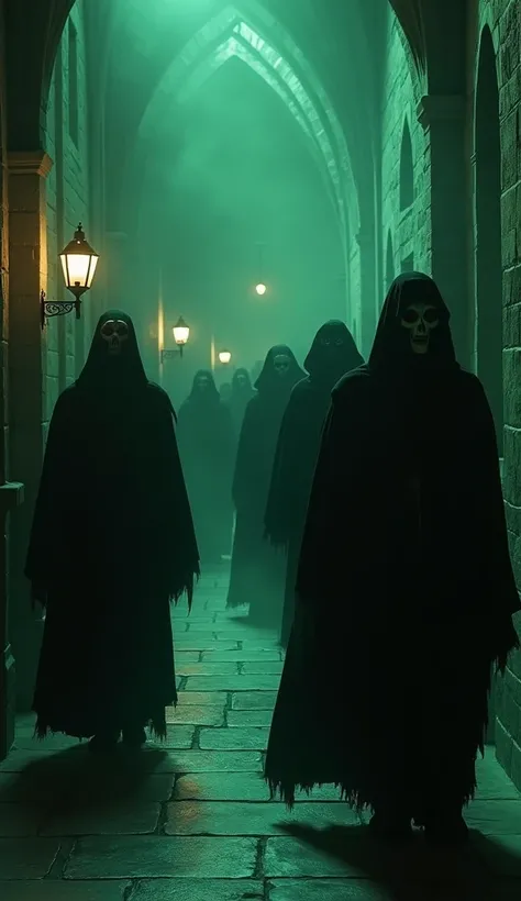  A dark corridor of Hogwarts ,  with green fire torches that emit a faint light ,  is patrolled by dementors .  These floating creatures ,  covered by torn black robes that seem to move with an invisible wind ,  have faces hidden under deep capes , and fro...