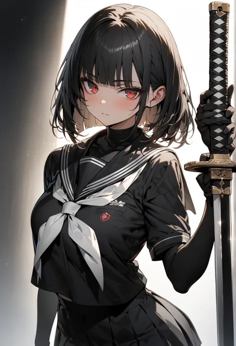 ((Masterpiece, top quality, super definition, ultra definition)), 1 girl, (Black Titanium Arms and hand:1.0),school uniform,((Black Short-sleeved sailor suit)),Short skirt,(Black Turtleneck Inner),(Holding a Japanese sword), looking at the camera, (upright...