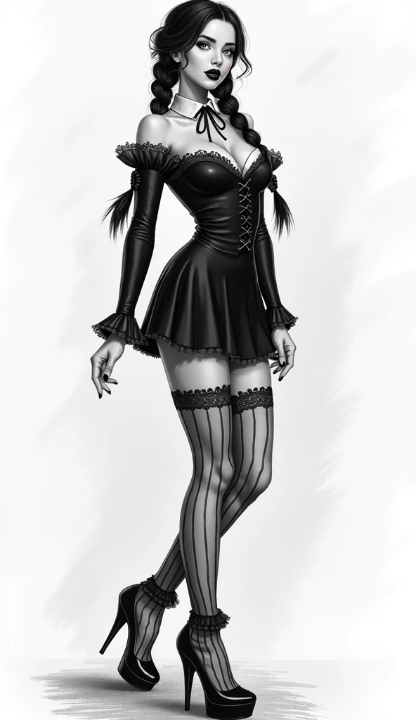  Drawing with a simple pencil for realism.  sexy girl with a perfect short body. Black hair is braided in two identical black long braids.  small chest .  Slim-fit short black dress with a white collar, black sleeves and lace ruffles, black tie,  black str...