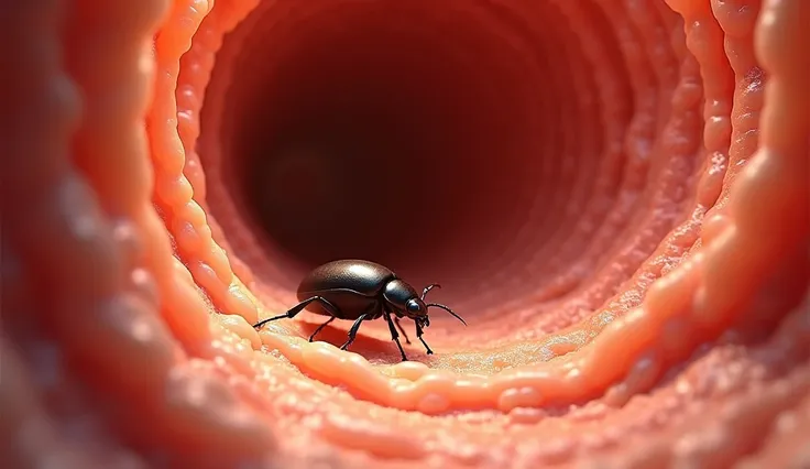 illustrate a small black beetle walking through a burrow that looks like a human nose. In Disney Pixar format.