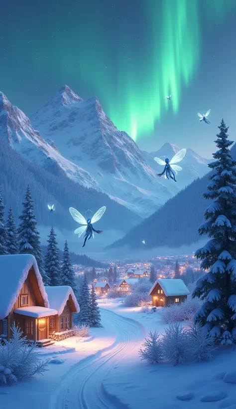 Animated image: "A snowy mountain village illuminated by the green and purple hues of the aurora borealis. Tiny, ethereal Snow Sprites with translucent wings, silvery hair, and sapphire-like eyes flutter around, wearing snowflake-patterned clothes that gli...