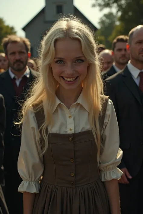 Beautiful young blond puritan girl, shes leaving church, she turns and has a evil sadistic smile. Others are in the background as they are leaving church 