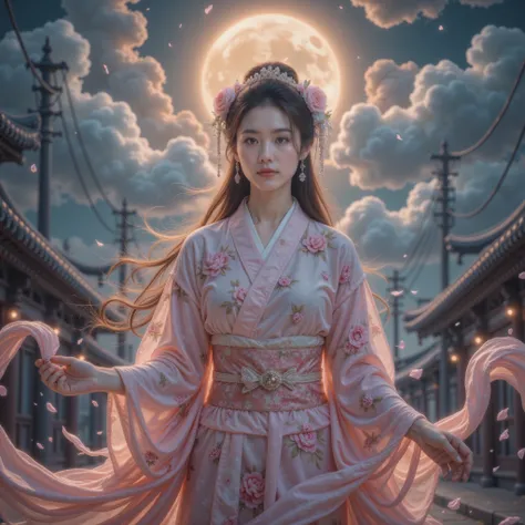 cloud,((high quality、8K、masterpiece:1.3))、Selfie、 beautiful woman with perfect body:1.4、(Brown long hair、Normal chest:1.3)、(Japanese floral yukata)、 highly detailed facial features {x}、 Delicate eyes 、Double eyelids、A smile:1.5、whole body、sacrifice、 On t...