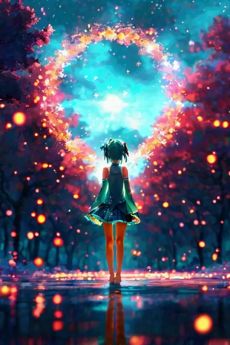 無数の光の粒がIn the center集まって Hatsune Miku を構築していく様子、 Hatsune Miku 、In the center（tell　YOUR　WORLD）The letters 　It floats in the background as if drawing a circle（ Pale Light）、 The background is a shining universe 、The floor is reflected in shallow water 、16k、 s...