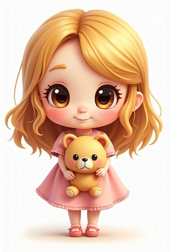  help me generate in the same style as the image : a  girl with honey hair around her neck ,  wears a light pink dress with a plush toy in her arms She has big eyes and honey with a sweet expression, tender and smiling . The background is white