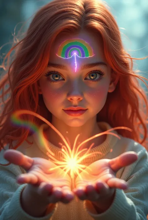 15-year-old redhead girl with very thick hair with rainbow powers and a rainbow tattoo on her forehead 