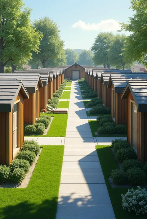 Larger sheds side by side, with sidewalks and green areas 