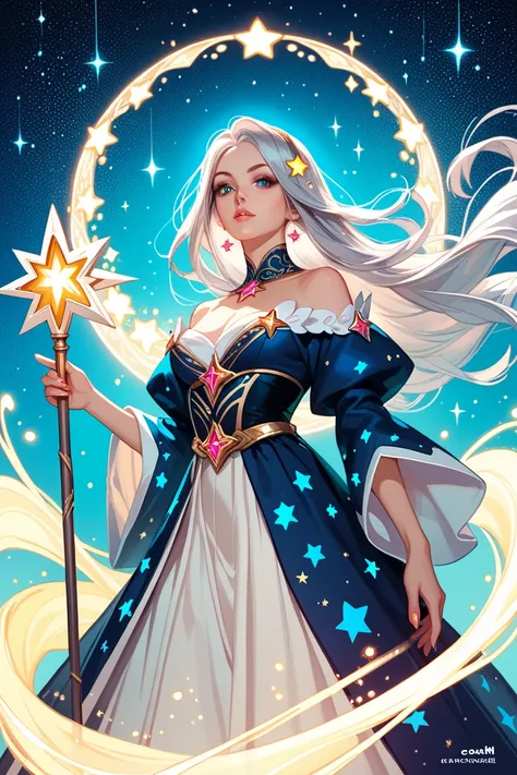 An enchanting anime sorceress with long, flowing silver hair and a glowing staff. She wears an elegant, flowing robe with star patterns and sparkles. Her hands are raised, casting a magical spell with glowing lights swirling around her. The background is d...