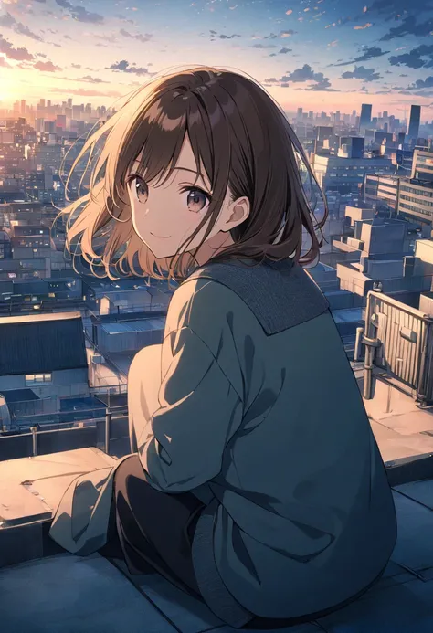 ((anime,pastel))、 on a rooftop with a fence,Close up,Sit on the roof of a building,One woman sitting ,1 woman sitting ,Tokyo scenery,Overlooking buildings , smiles, Brown Hair, dark eyes