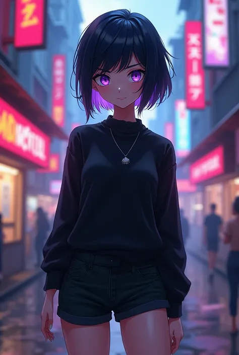 A girl with very short hair  (Tomboy Style) color negro, Somewhat thick eyebrows, calm look,  big purple eyes , average height,  pretty face  (similar to Whis )  night sweater ,  black aesthetic shorts , hourglass body, slim,  white skin ,  animate the dra...