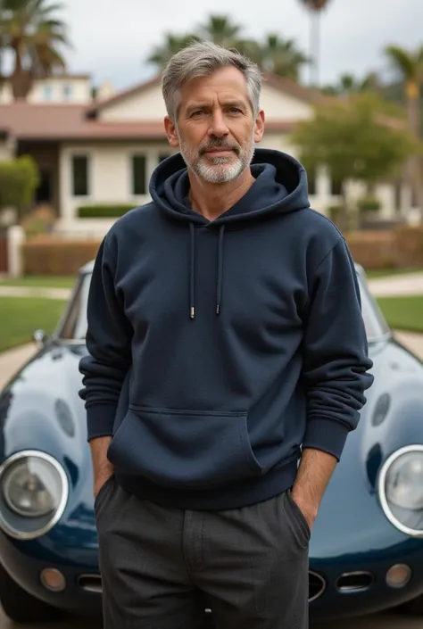 A hyper-realistic portrait of a 53-year-old man with a well-groomed three-day beard, showing signs of age with graying hair and a mature, confident demeanor. He is dressed in a stylish but casual outfit: a high-quality sports hoodie paired with tailored, r...