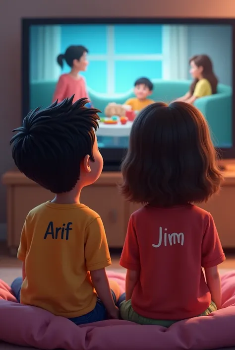 A boy named Arif and a girl named Jim are sitting watching TV ,,,they are both wearing t_shirt ,,, in t_shirt boy name is Arif and girl name is Jim ,,, they are  ,,, boy is named Arif and girl is named Jim Argentina jarcy . 