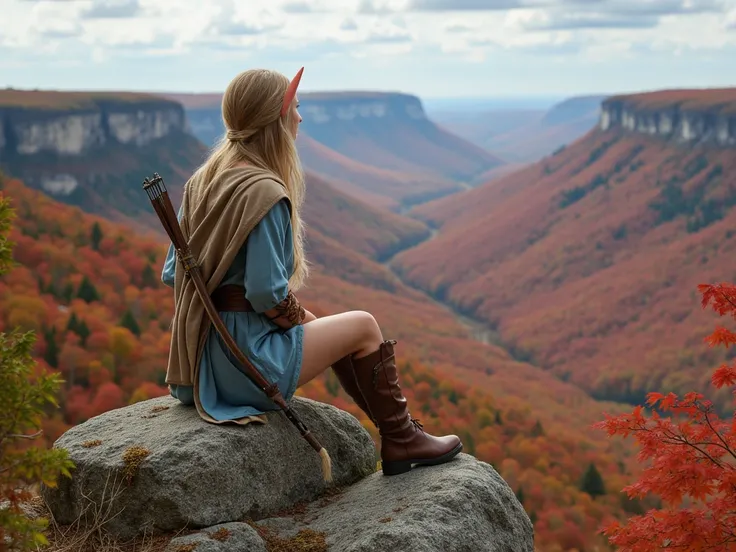 Image of an elf with long blond hair , pointy ears ,  dressed in a blue blouse and short skirt ,beige hooded cape , a bow behind her back ,  the woman sits on her back sitting on a rock high on a mountain ,  looking out at a valley covered with red Maple t...