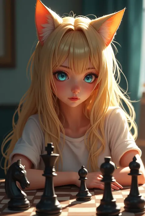 girl, teenager, beautiful, long hair, blond hair, blue eyes, cat ears, adult, playing chess, front face, thinking, beautiful color