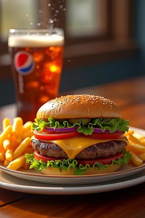 Burger with potatoes and Pepsi 