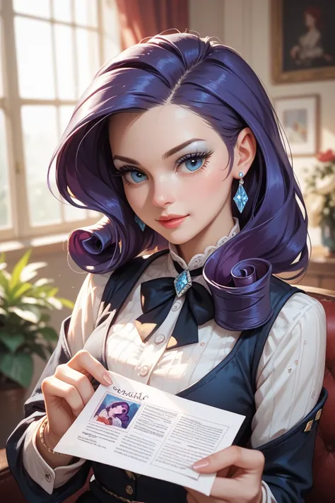 The female character holds in both hands a piece of paper on which is written "MC Rarity"