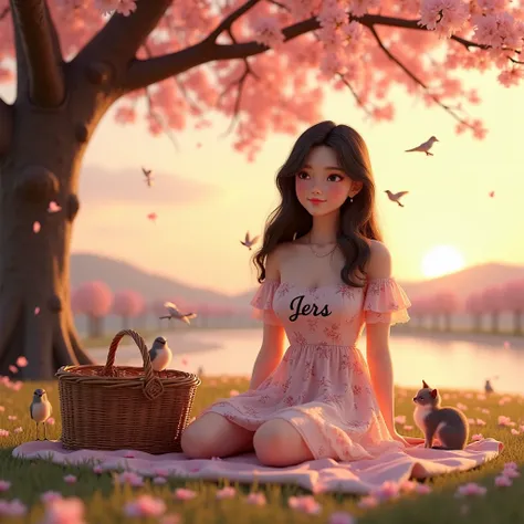 A 3d realistic woman, black hair color, holding a picnic basket, with a floral dress, sitting under the cherry blossom tree, theres a sunset, with a cat and birds, had a name on her dress "Jers" with a font