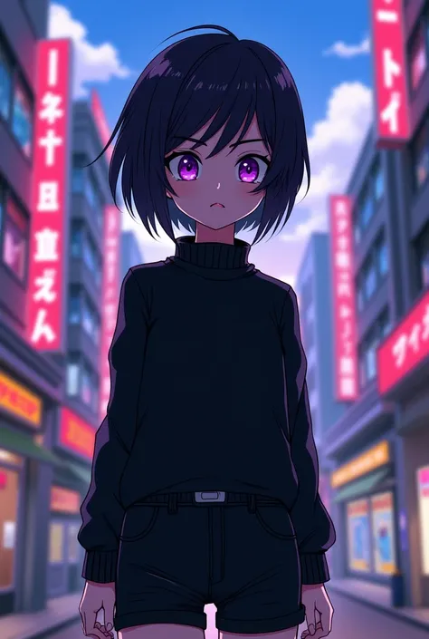 A girl with very short hair  (Tomboy Style) color negro, Somewhat thick eyebrows, calm look,  big purple eyes , average height,  pretty face  (similar to Whis ) black sweater,  black aesthetic shorts , hourglass body, slim,  white skin ,  animate the Drago...