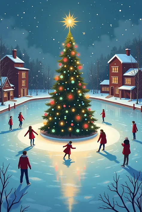 A Christmas poster with a frozen municipal pool. Un sapin de Noël au milieu du bassin avec des patineurs autour du sapin