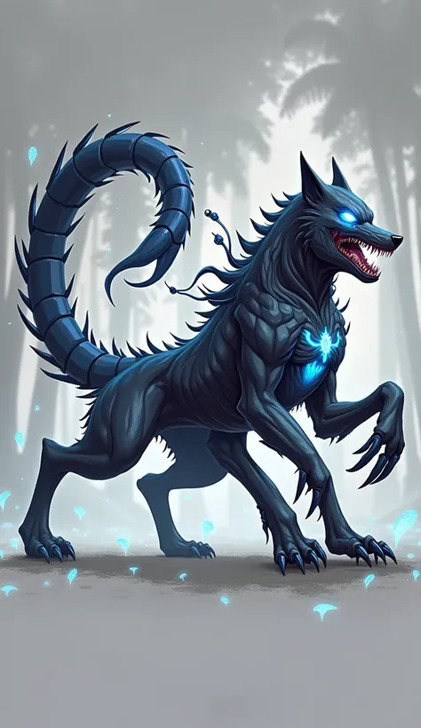 Create an epic and perfect hybrid character that combines a fierce wolf, a menacing scorpion, and the symbiotic essence of Venom. The character should have the body of a muscular wolf with sleek black fur, sharp claws, and glowing blue eyes, enhanced by Ve...