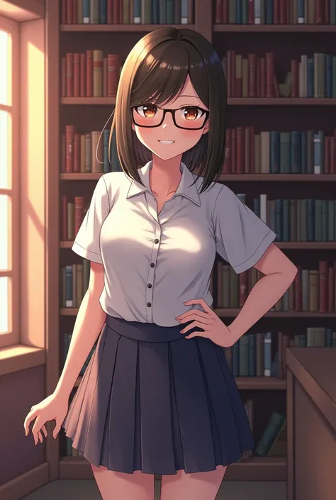 a woman in a skirt and glasses posing in front of a bookcase, dressed as Schoolgirl, cute Schoolgirl, slight nerd smile, nerd, full subject in the photo, Mia khalifa, Schoolgirl, Librarian