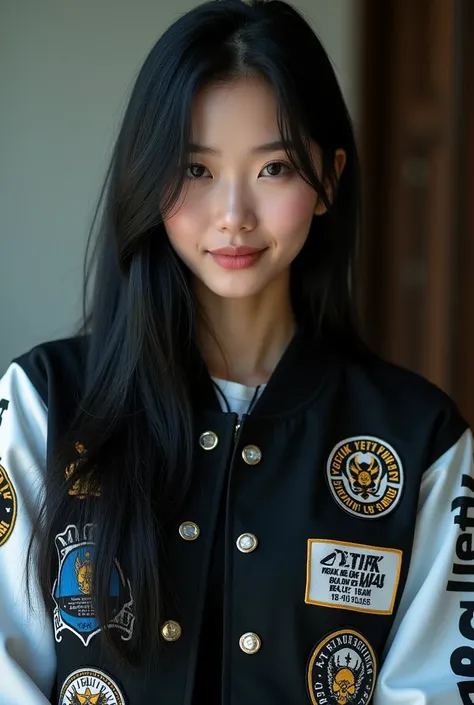 The image shows a beautiful and young Asian woman with long, straight black hair and wearing a university-style black and white jacket with various "YETIK FITRIA" logos and text, as well as patches with a bright black and blue background and a hint of blac...