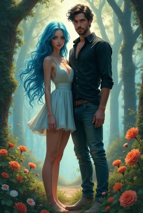 create a couple. a beautiful detailed long-blue-wavy-haired woman-20 years old-with sky blue eyes, a handsome medium-black-wavy-haired man with green eyes-25 years old, totally clean-shave. cinematic lighting, highly detailed painting, dramatic lighting, i...